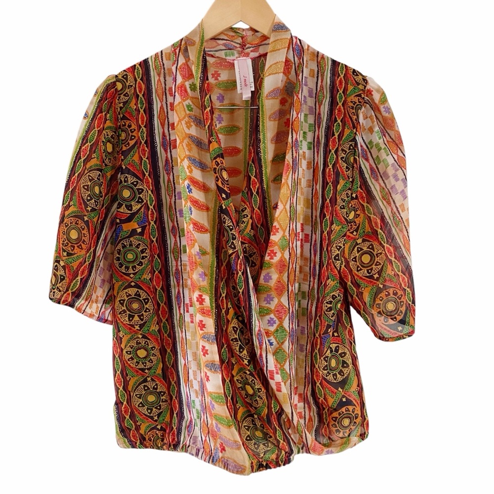 Southwestern Blouse Draped Front Crossover Warm Colors Tribal Women’s Size XL